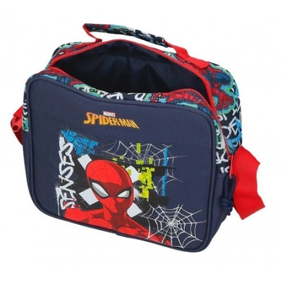 Mala infantil azul e vermelha com desenho do Spider-Man