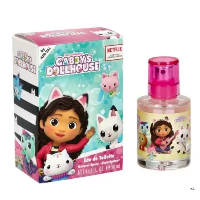 Perfume infantil Gabby's Dollhouse com personagens em embalagem rosa e azul