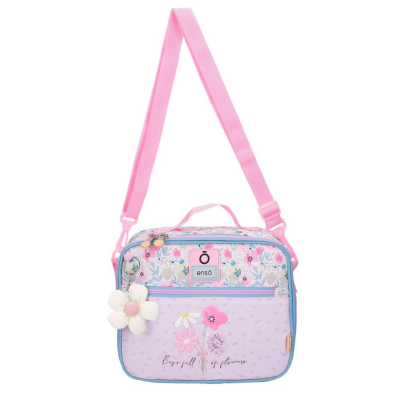 Mala escolar rosa lilás com padrão de flores e alça rosa