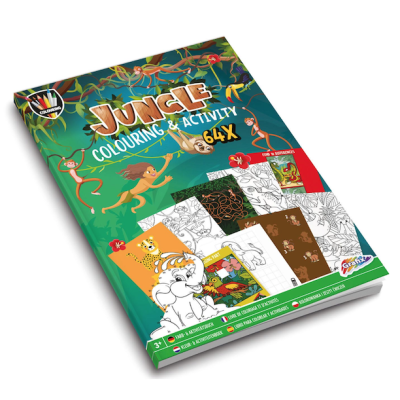 Livro Jungle Colouring & Activity com desenhos de animais da selva para colorir