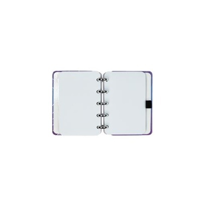 Agenda ou caderno roxo aberto com páginas brancas