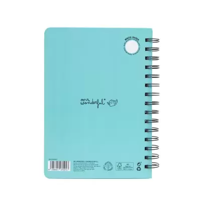 Caderno espiral azul com texto mr. wonderful e selo white paper