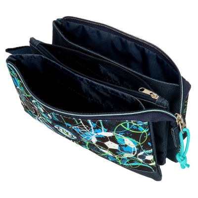 Estojo escolar com estampado de bolas de futebol coloridas e três compartimentos com fecho