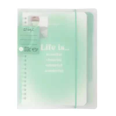 Pasta organizadora transparente com caderno verde e elástico.