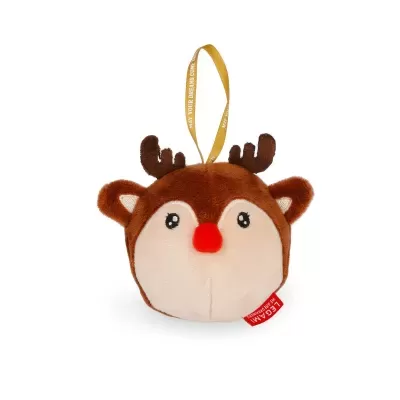 Ornamento pendente em forma de rena em peluche castanho com chifres e focinho vermelho