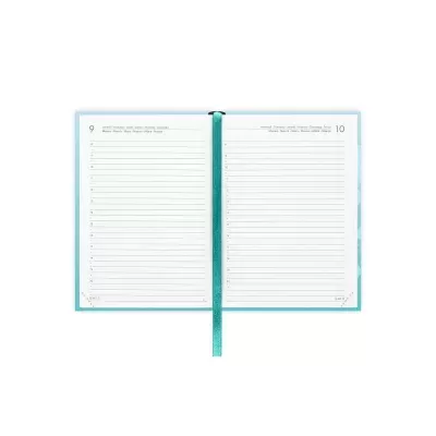 Agenda diária aberta com páginas brancas e capa azul clara