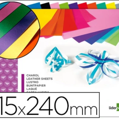 Folhas de couro charol coloridas com brilho, texto de descrição e dimensões 315x240 mm