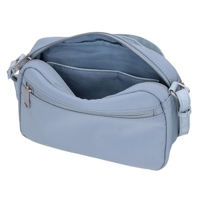 mala azul claro com bolso exterior e fecho