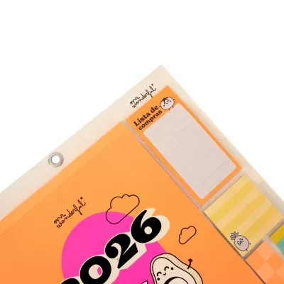 Calendário de parede 2026 laranja com desenhos animados e blocos de notas