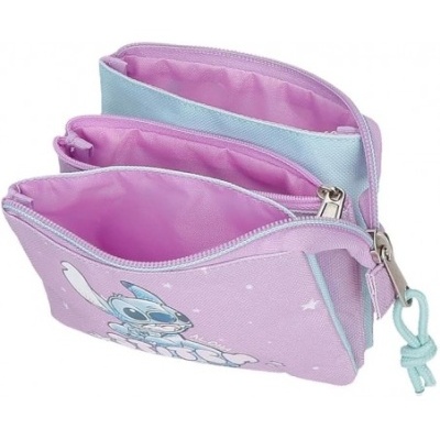 Estojo lilás e azul com três compartimentos e personagem azul