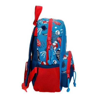 Mochila azul com vermelho e desenhos temáticos de aranhas e bolas