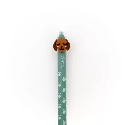 Caneta azul petróleo com padrão de patas e cabeça de cão em silicone