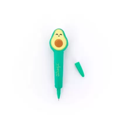 Caneta verde com design de abacate sorridente e tampa removida