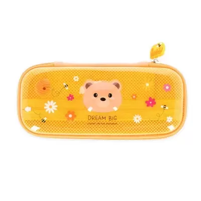 Estojo escolar amarelo com desenho de urso e abelhas.