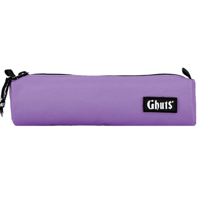 Estojo cilíndrico lilás com fecho de correr e etiqueta Ghuts