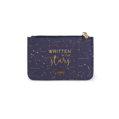Carteira azul com constelações douradas e texto decorativo