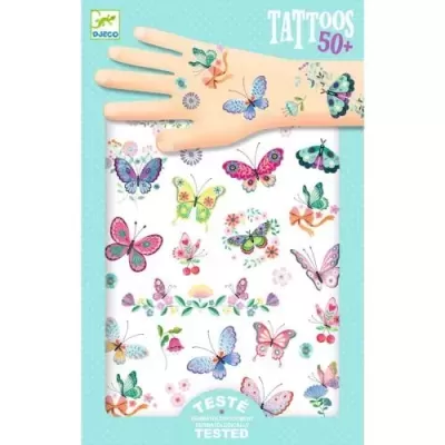 Pacote de tatuagens temporárias com desenhos de borboletas coloridas e flores