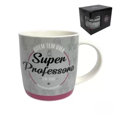 Caneca cinzenta com texto para professora em caixa preta.