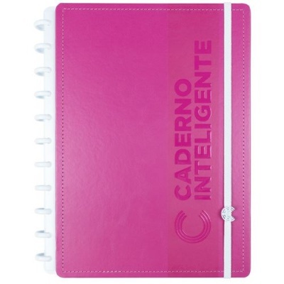 Caderno rosa com fecho elástico branco e texto CADERNO INTELIGENTE