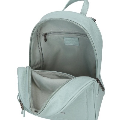 Mochila verde claro aberta com bolso interior cinzento e fechos metálicos