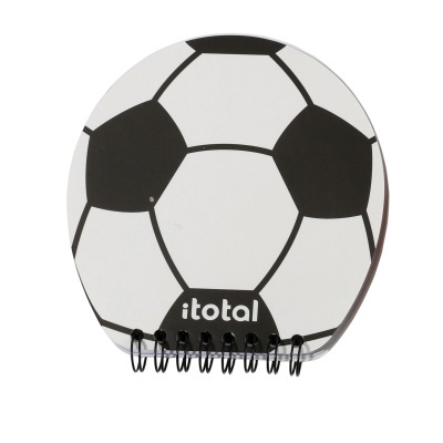 Caderno em forma de bola de futebol com padrão preto e branco e espiral preta