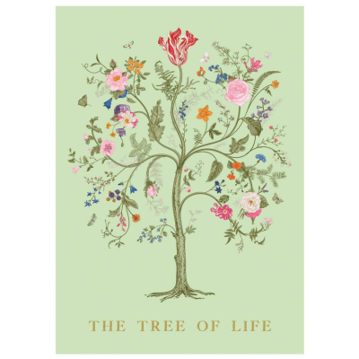 Ilustração de árvore com flores coloridas e texto THE TREE OF LIFE