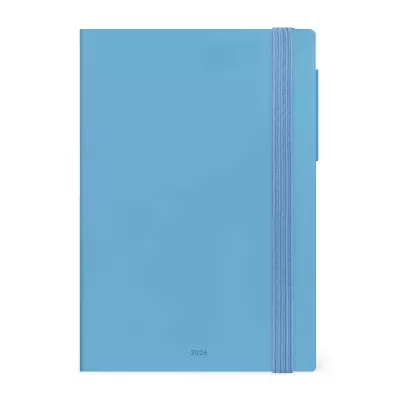 Caderno azul claro com elástico e ano 2018 impresso na capa