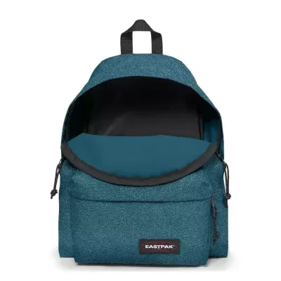 Mochila azul turquesa com bolso frontal e interior preto aberta