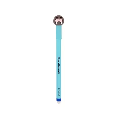 Caneta azul com cabeça decorativa de morsa e texto impresso na haste