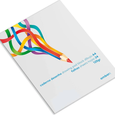 Bloco de desenho A4 com capa branca ilustrada por lápis coloridos entrelaçados e texto descritivo em azul