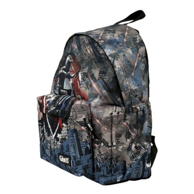 Mochila com padrão gráfico e imagem de motociclista