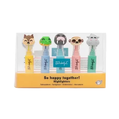 Conjunto de cinco marcadores com tampas de animais sorridentes