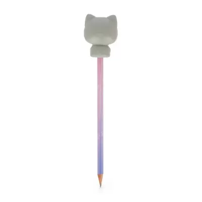 Lápis com borracha em forma de cabeça de gato cinza e corpo rosa para azul