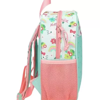 Mochila infantil verde menta com padrão colorido e bolso lateral rosa