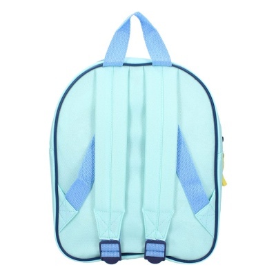 Mochila azul claro vista de trás com alças e alça de mão