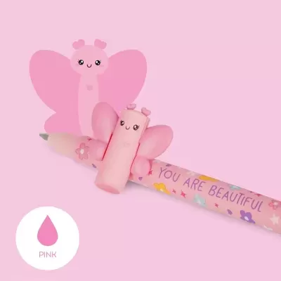 Caneta rosa com tampa de borboleta e frase motivacional