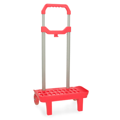 Carrinho de carga cor-de-rosa com estrutura metálica e rodas transparentes sobre fundo branco