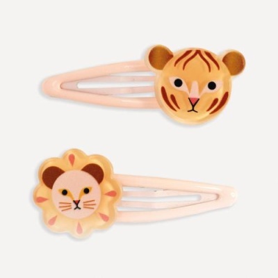 Dois ganchos de cabelo cor-de-rosa claro com rosto de tigre e rosto de leão decorativos