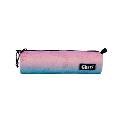 Estojo cilíndrico rosa e azul com fecho preto e etiqueta Ghuts