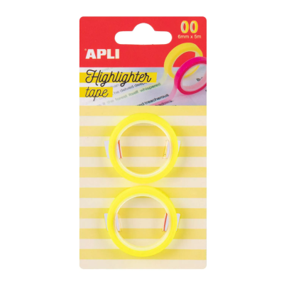 Duas fitas amarelas APLI Highlighter tape em embalagem com fundo às riscas amarelas e brancas e topo vermelho