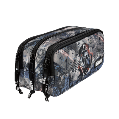 Estojo escolar com imagem de motocicleta e fechos pretos