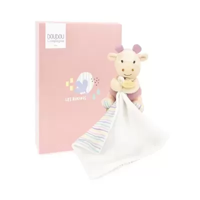 Brinquedo de peluche girafa com manta e caixa rosa