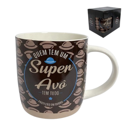 Caneca cerâmica com padrão de chapéus e texto sobre avô, com caixa preta ao fundo