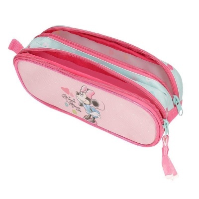 Estojo escolar rosa com imagem da Minnie Mouse e dois compartimentos com fechos de correr