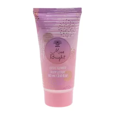 Frasco lilás e rosa de loção corporal com texto e padrões dourados