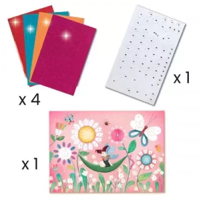 Conjunto composto por quatro folhas de lixa coloridas, uma folha de autocolantes de olhos e um painel decorativo com ilustração colorida de flores e animais sobre fundo rosa.