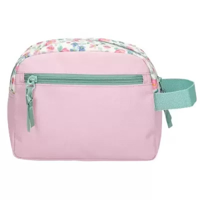 Necessaire rosa com padrão floral e fechos verdes