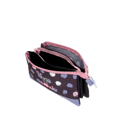 Estojo escolar de tecido com padrão de bolas coloridas e fechos rosa