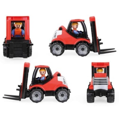 Brinquedo empilhador vermelho e preto com figura humana azul e laranja