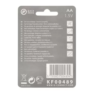 Embalagem cinza para bateria AA 1.5V com instruções multilingues e código de barras